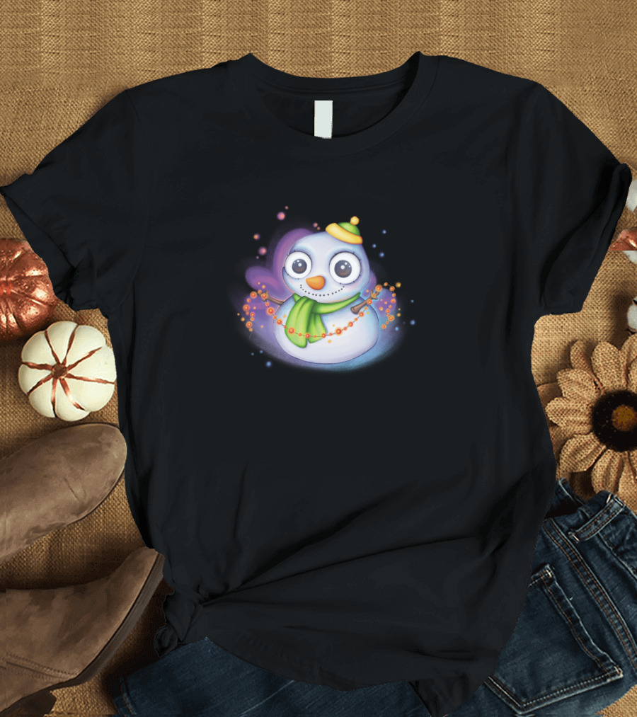 Cute Christmas Snowman with Green Scarf and Yellow Hat Wrapped in Lights T-Shirt