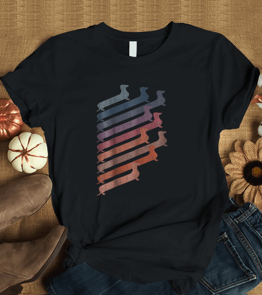 Cute Long Wiener Stubborn Dachshund Dog Retro Multicolor T-Shirt