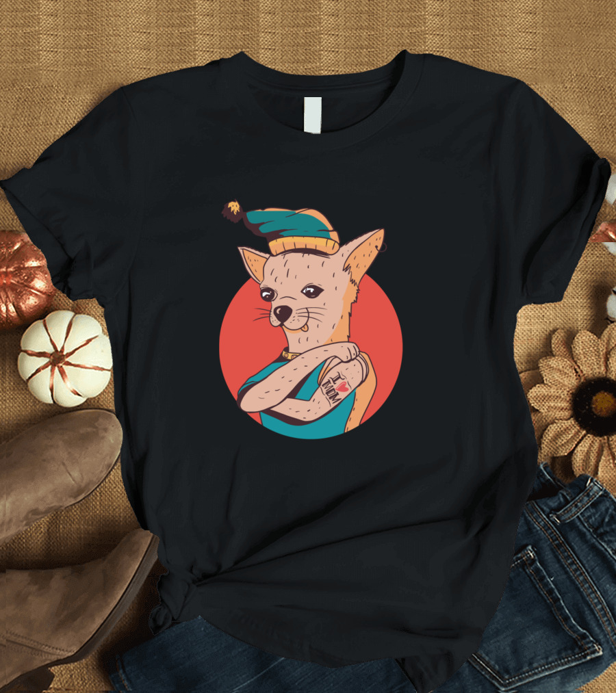 Dogs Chihuahua Mom I Love Mom Arm Tattoo Posing Confidently in Hat T-Shirt