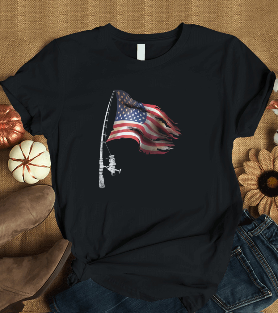 Patriotic American Flag Fishing Pole T-Shirt