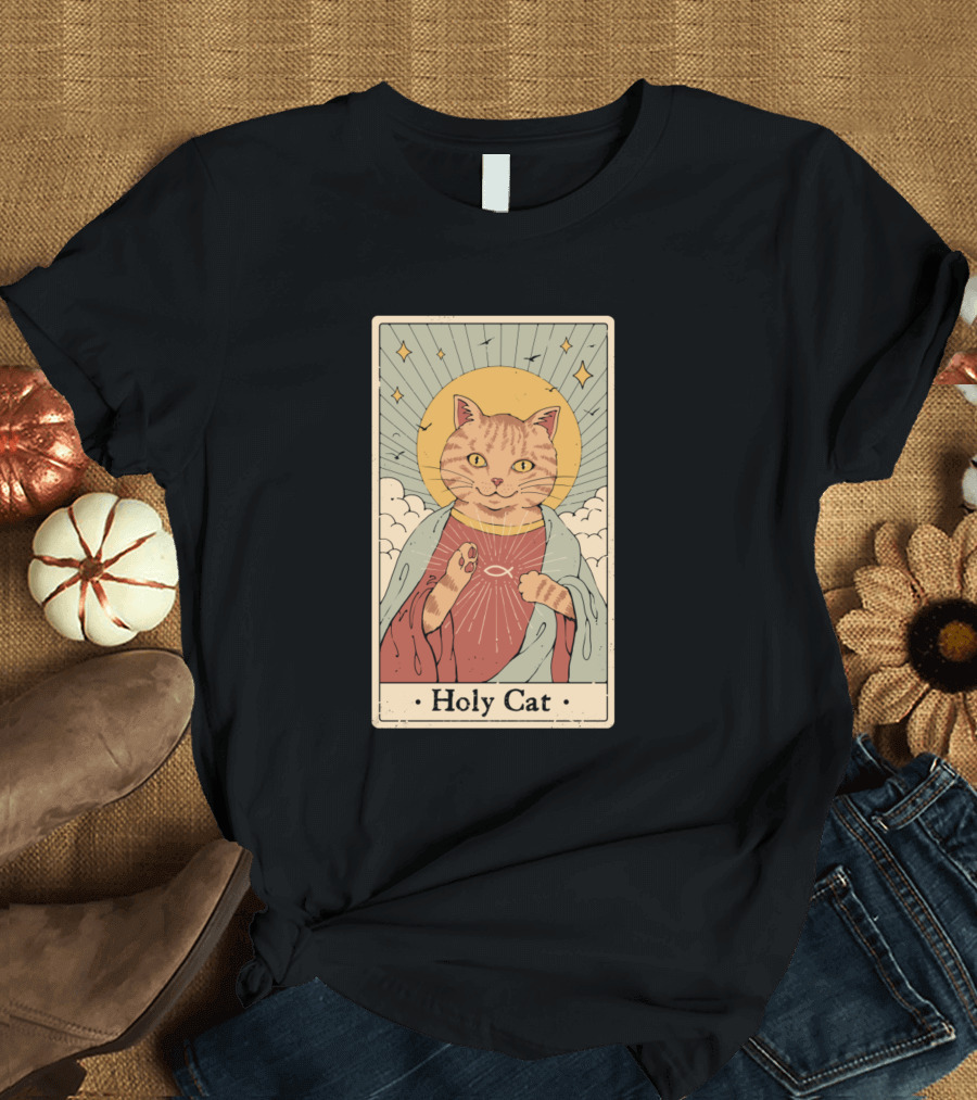 Holy Cat Iconic Saintly Feline with Halo and Stars T-Shirt