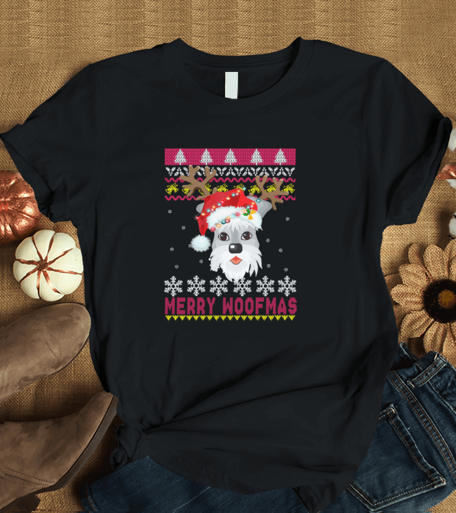Merry Woofmas Cesky Terrier Santa Hat Reindeer Antlers Snowflakes Christmas T-Shirt