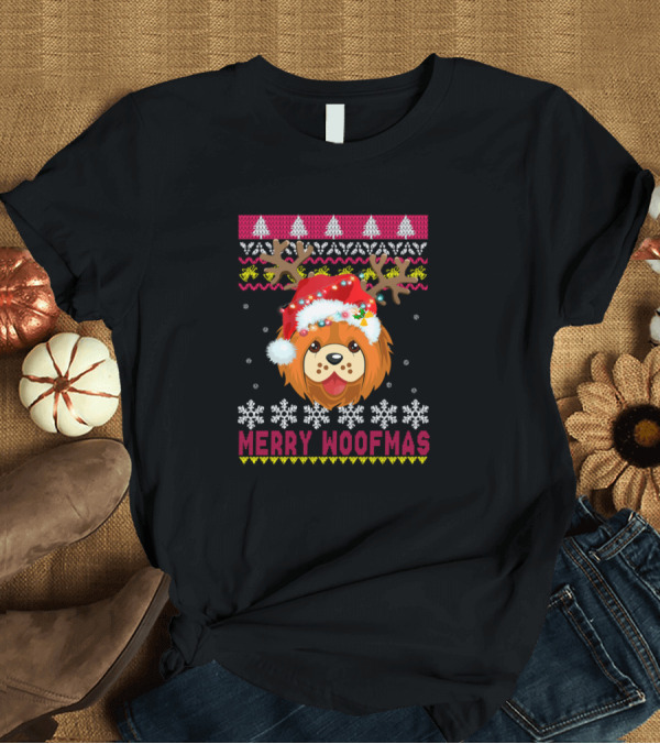 T-Shirt: Merry Woofmas Festive Chow Chow with Santa Hat and Antlers T-Shirt Merry Woofmas Festive Chow Chow with Santa Hat and Antlers T-Shirt