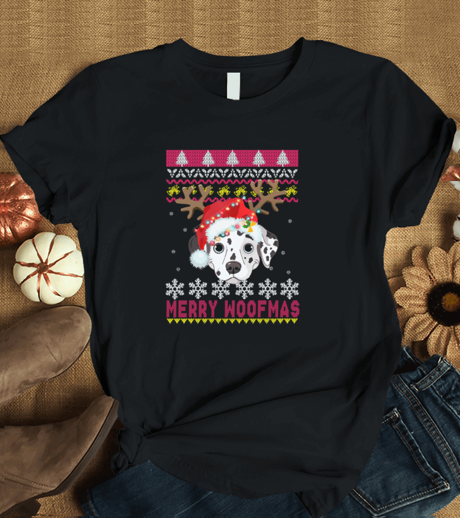 Merry Woofmas Dalmatian Santa Hat Reindeer Antlers Festive Snowflakes T-Shirt