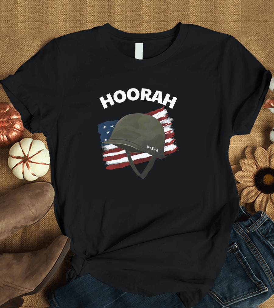 HOORAH U.S.A. Military Motivation with American Flag and Helmet T-Shirt