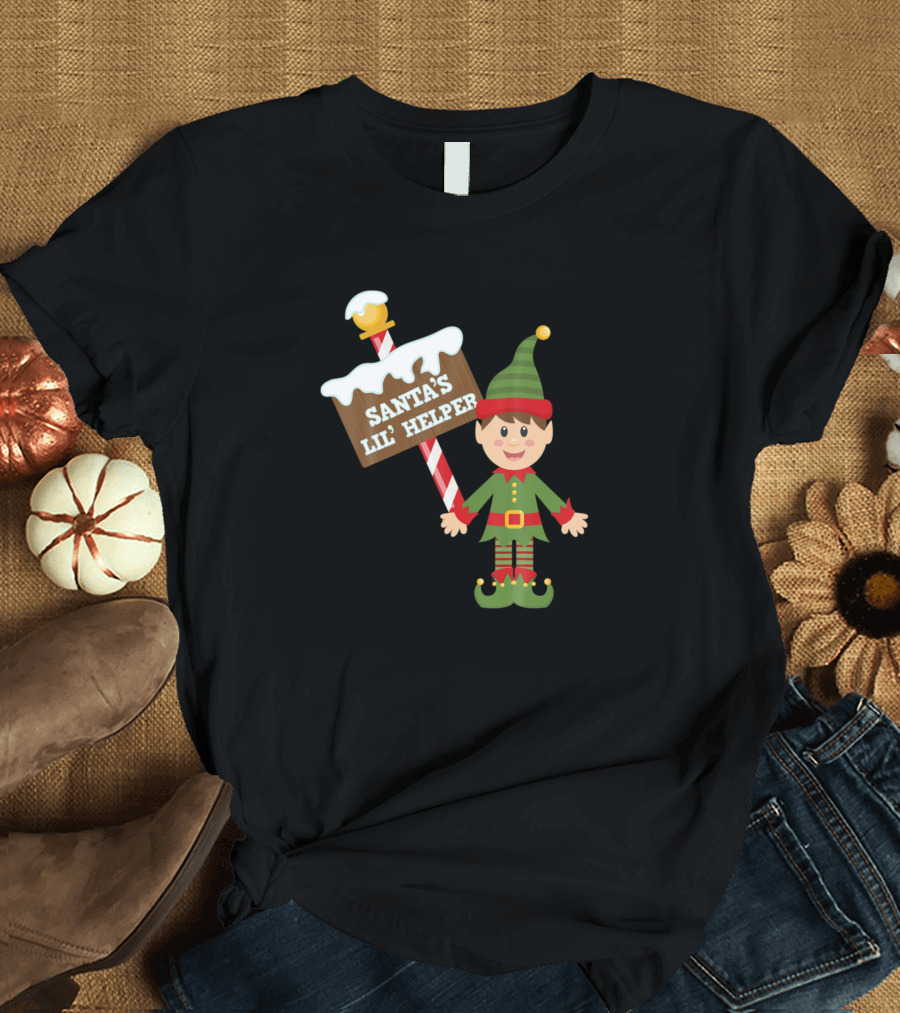 Santa's Lil Helper Boy Elf with Candy Cane Sign T-Shirt