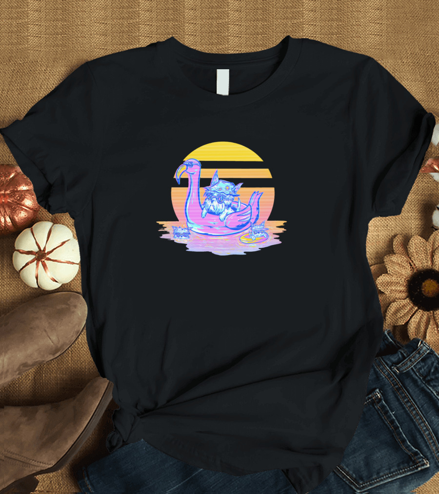 Summer Puppers Floating with Flamingo Pink Sunset Vibes T-Shirt