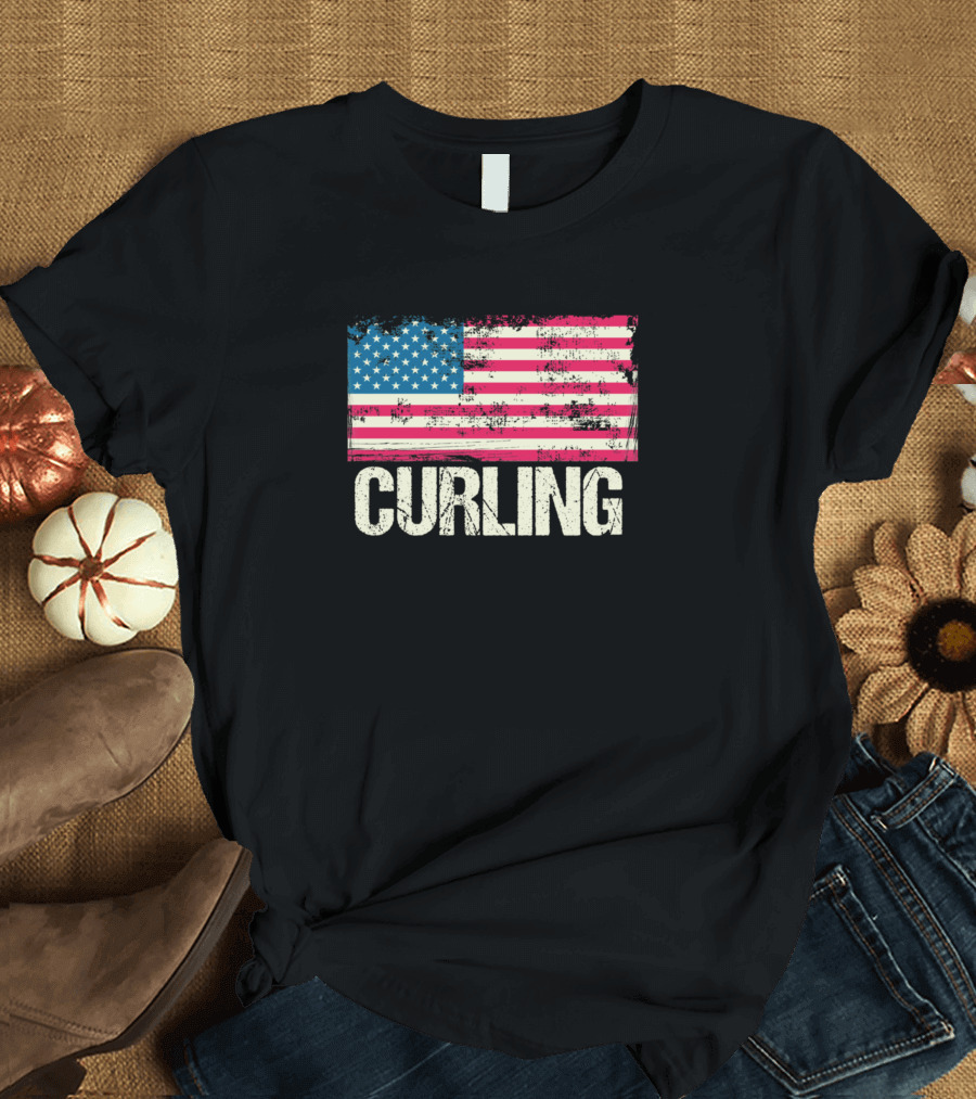 Vintage USA Flag Curling Iconic Sports Emblem T-Shirt