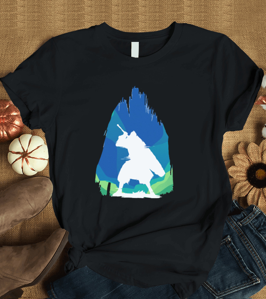 Warrior From Ocean Samurai Silhouette in Blue and Green Cave T-Shirt