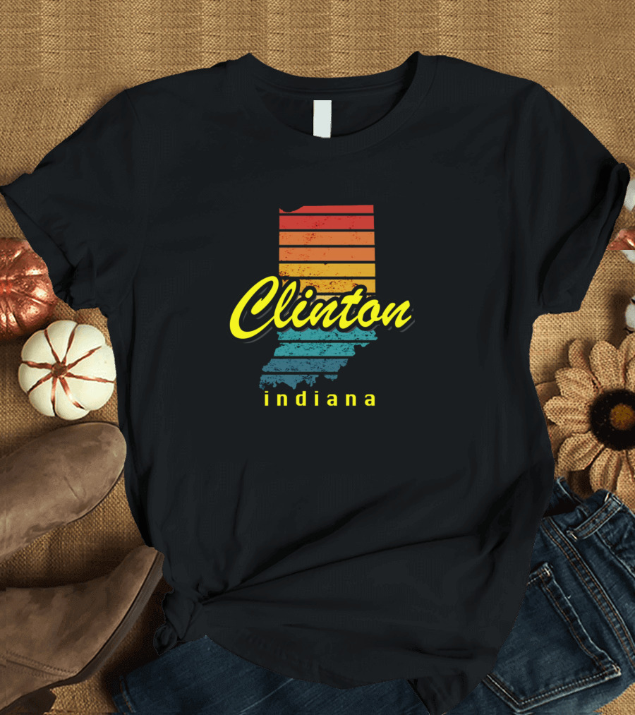 Clinton Indiana Retro Sunset State Outline T-Shirt