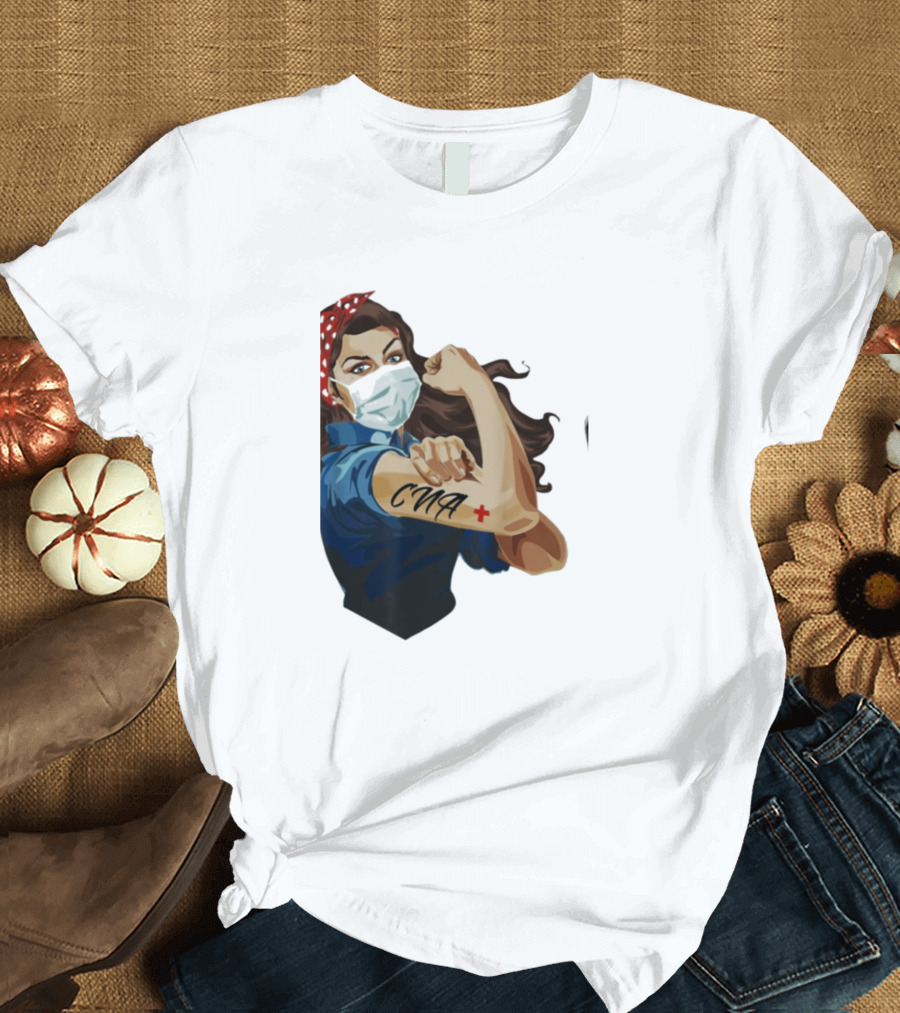 CNA Nurse Strong Woman Flexing with Mask and Red Bandana T-Shirt