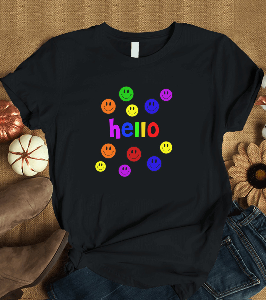 Hello Colorful Rainbow Letters with Smiley Faces T-Shirt