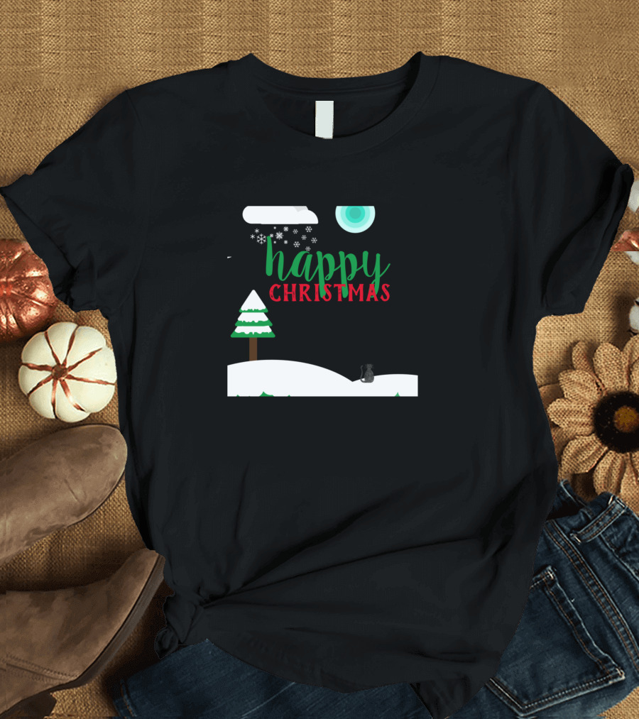 Happy Christmas Cat Under Snowy Moon T-Shirt