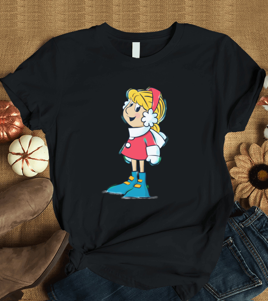 Karen Frosty The Snowman Character Winter Outfit with Blonde Braids and Blue Boots T-Shirt