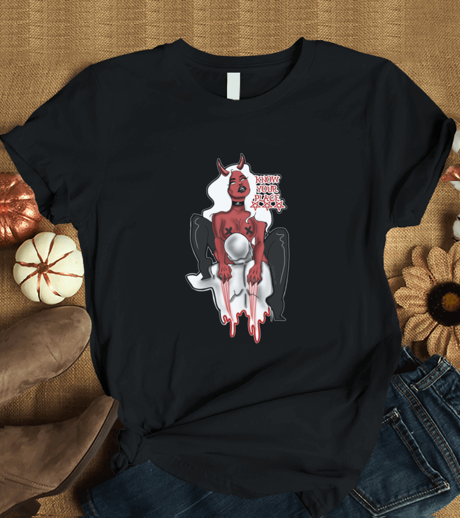 Know Your Place Devilish Figure with Dripping Blood and Stars T-Shirt