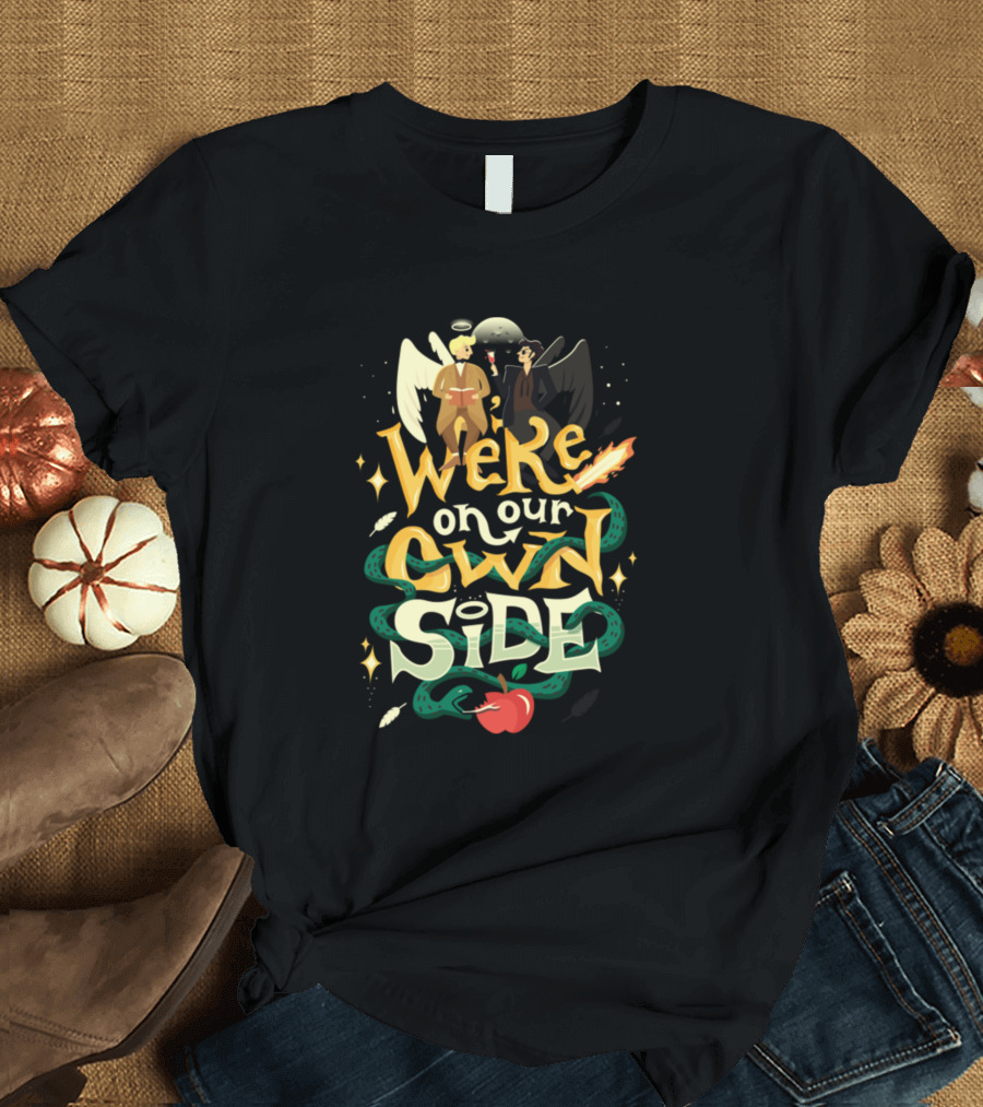 We're on Our Own Side Good Omens Angels and Demons Apple and Serpent T-Shirt