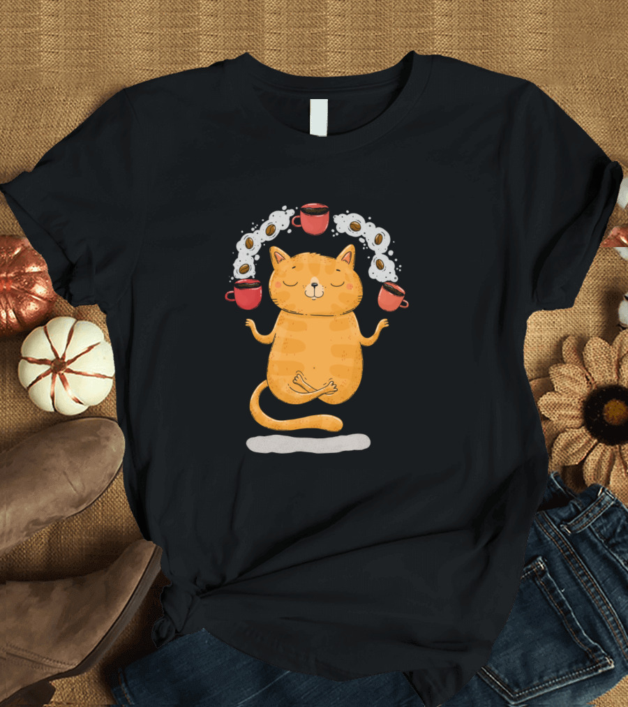 Content Zen Cat Balancing Coffee Cups T-Shirt