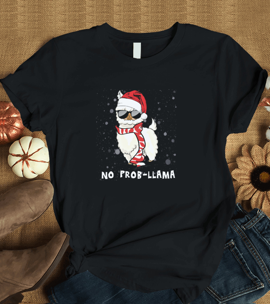 No Prob Llama Santa Hat Christmas Scarf Sunglasses Snowflakes T-Shirt