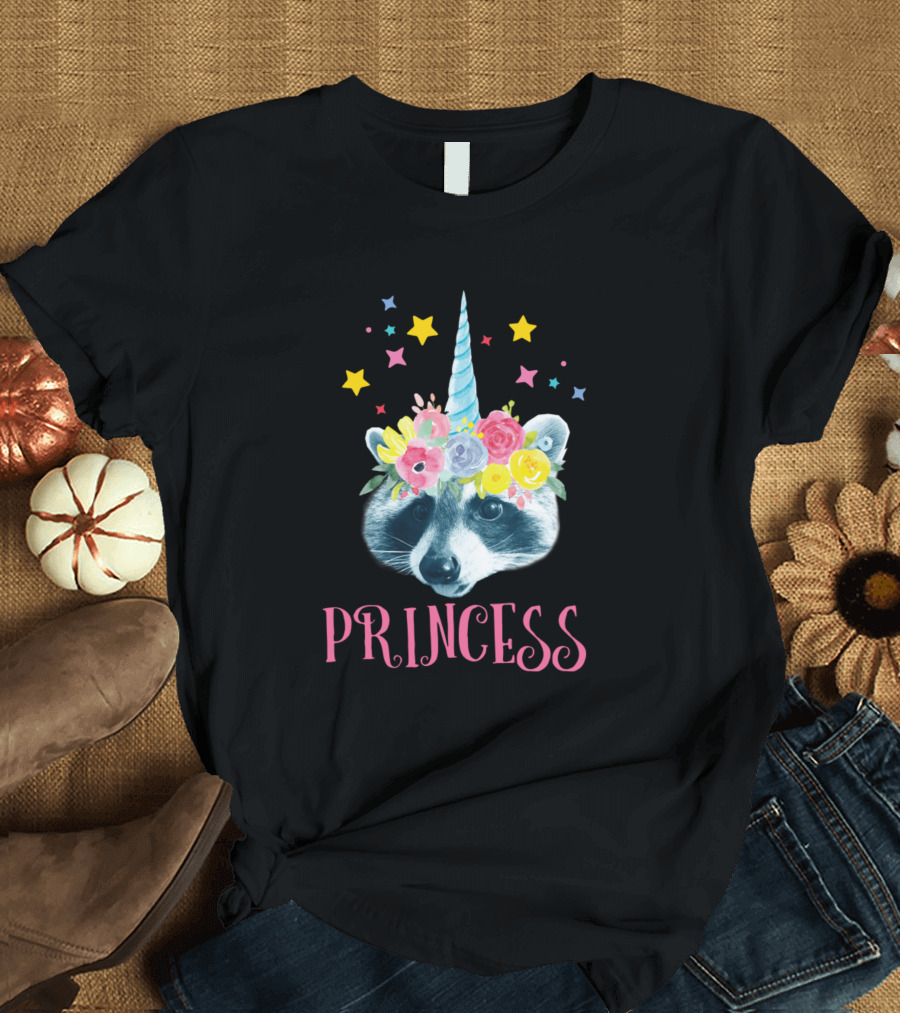 Princess Raccoon Unicorn with Floral Stars T-Shirt