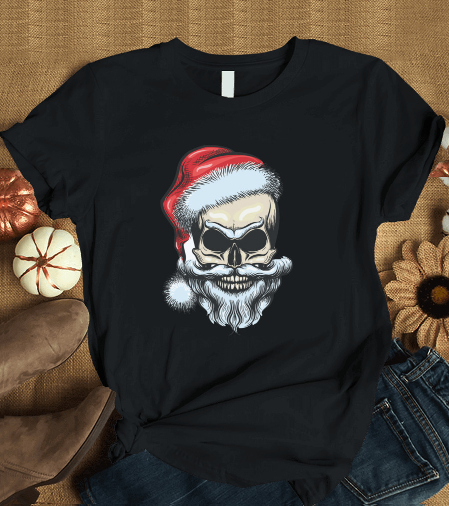 Skull Santa Claus with Festive Hat and Beard T-Shirt
