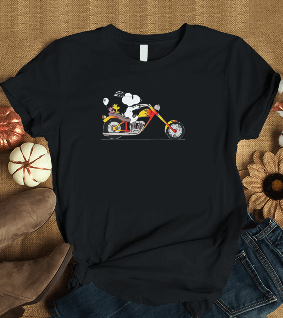 Snoopy Biker Riding Motorcycle with Woodstock Balloon T-Shirt