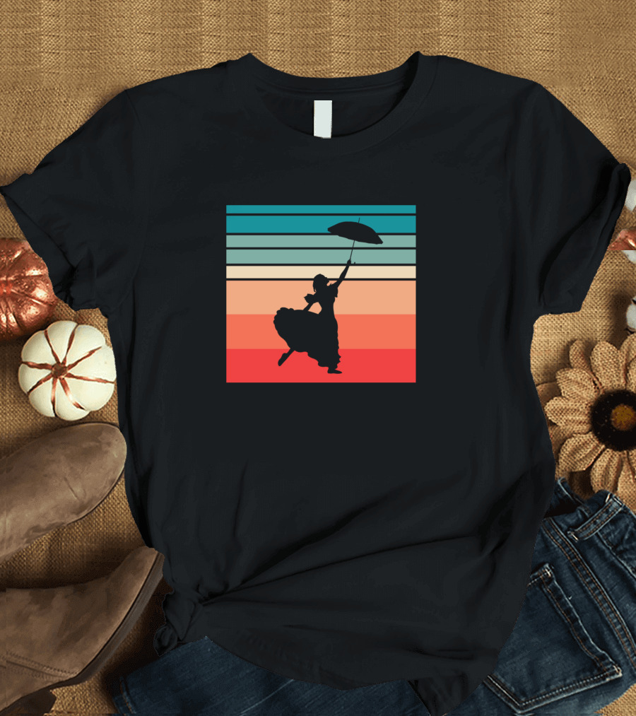 Retro Lady With Umbrella Silhouette on Sunset Stripes T-Shirt