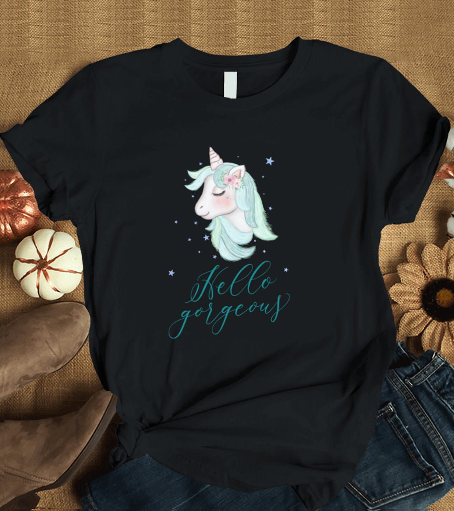 Hello Gorgeous Unicorn with Stars and Flowers T-Shirt