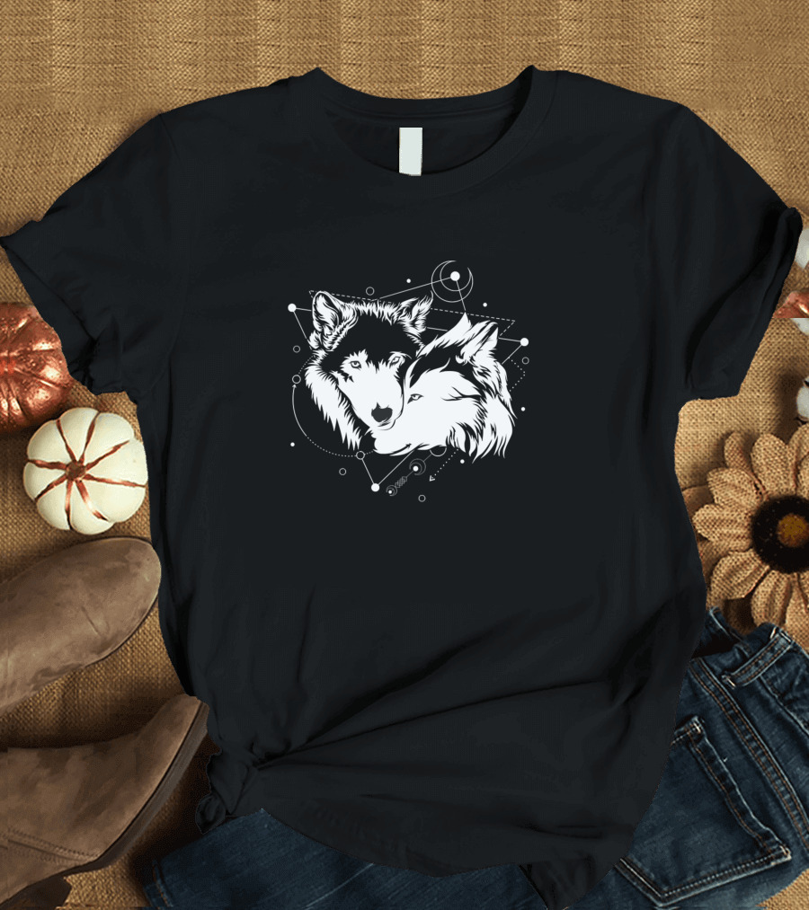 Wolf Wolves Couple Wild Life Celestial Geometry T-Shirt