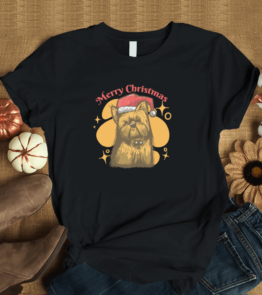 Merry Christmas Yorkie Santa Hat Holiday Dog T-Shirt