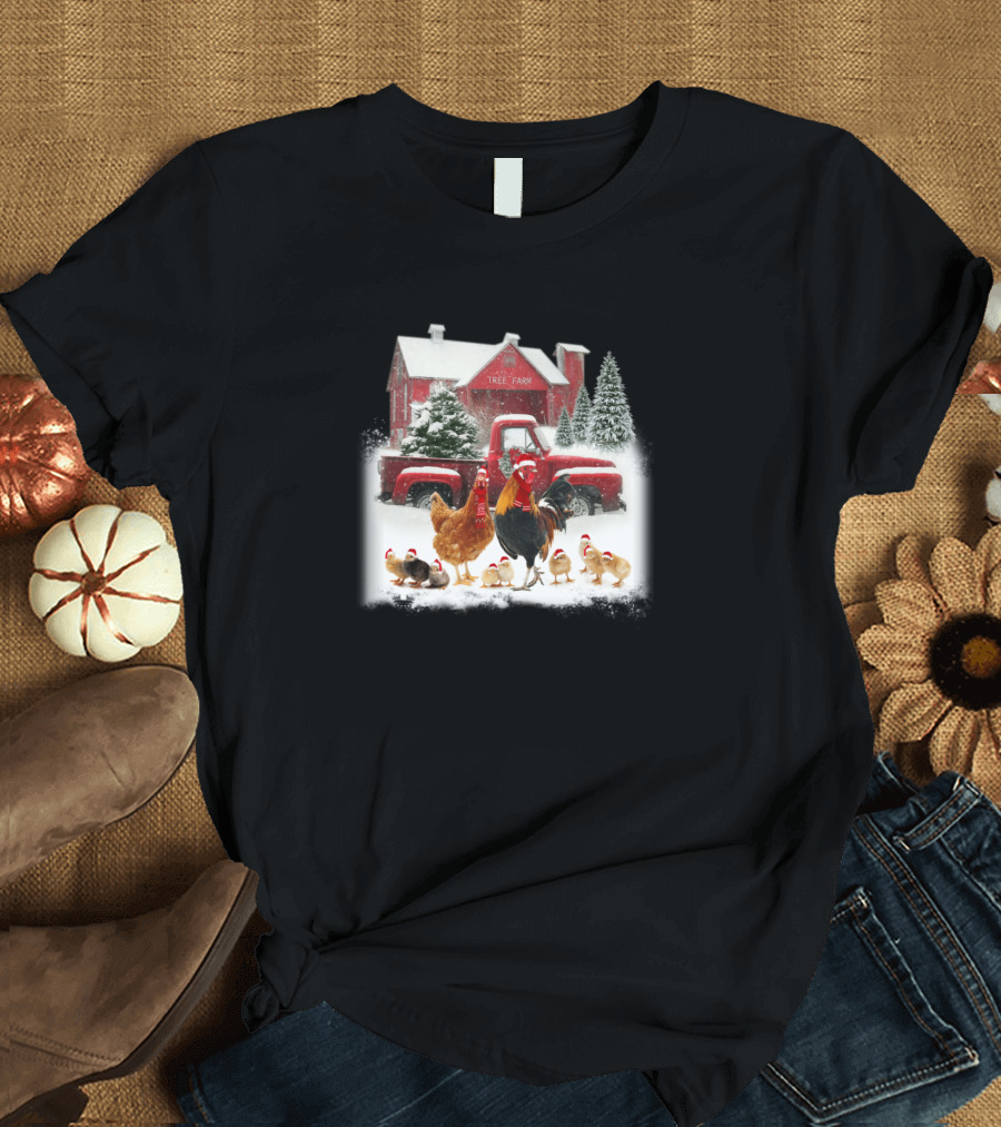 Red Truck Tree Farm Chickens in Santa Hats T-Shirt