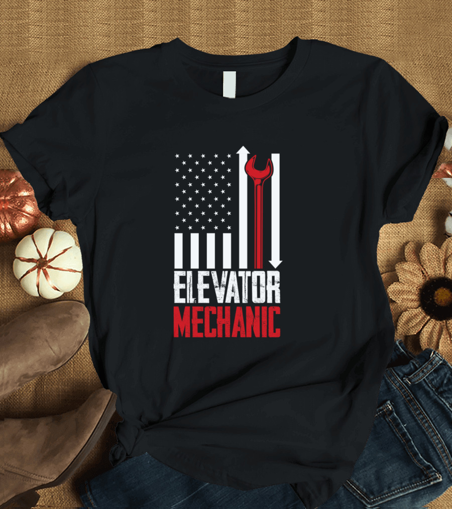 Elevator Mechanic American Flag Stars Stripes Wrench T-Shirt