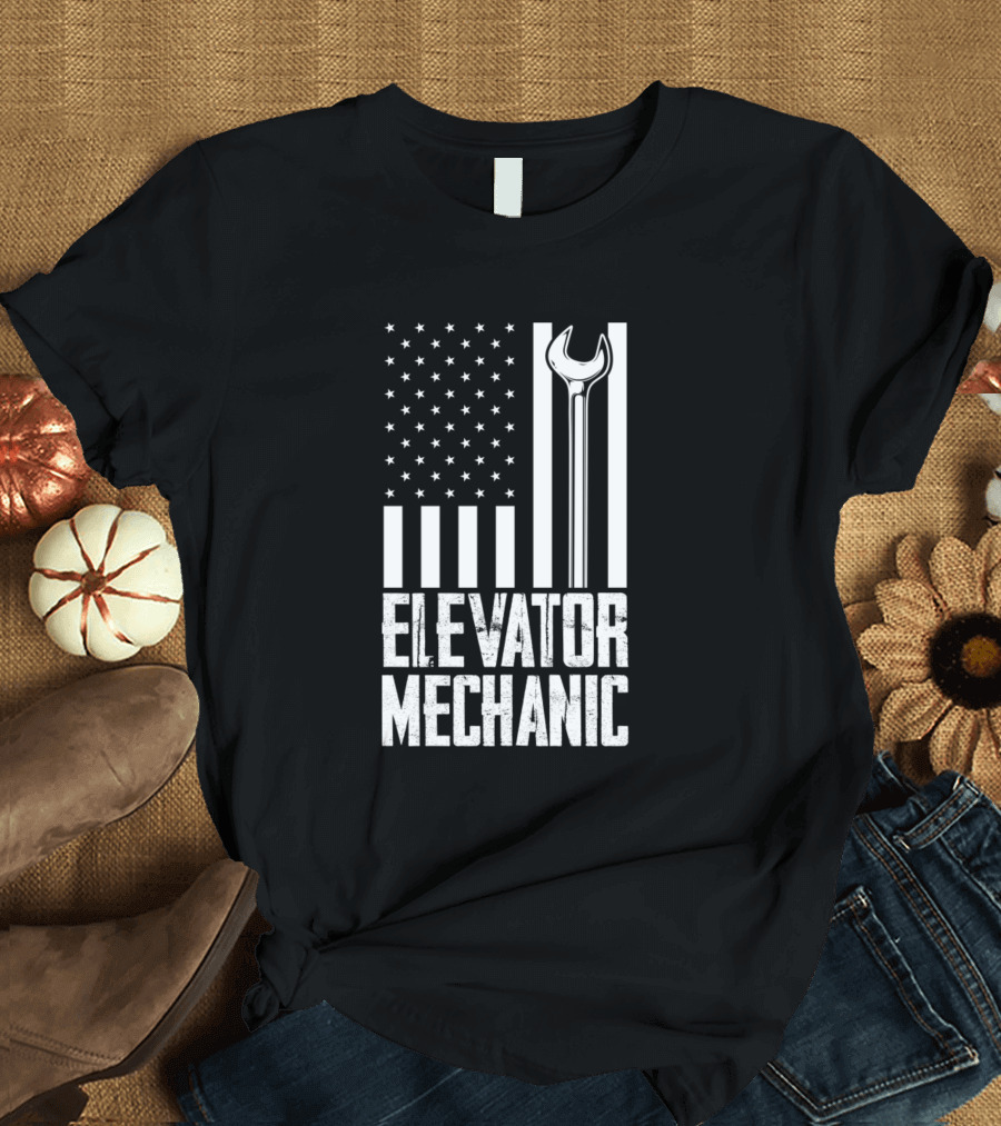Elevator Mechanic USA Flag Wrench American Flag T-Shirt