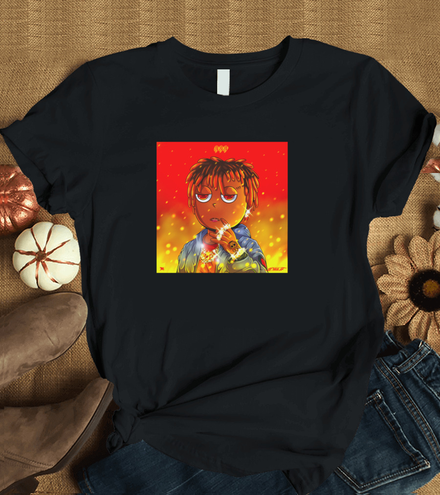 Juice Wrld 999 Animated Character with Dreads and Hoodie on Fire Background T-Shirt