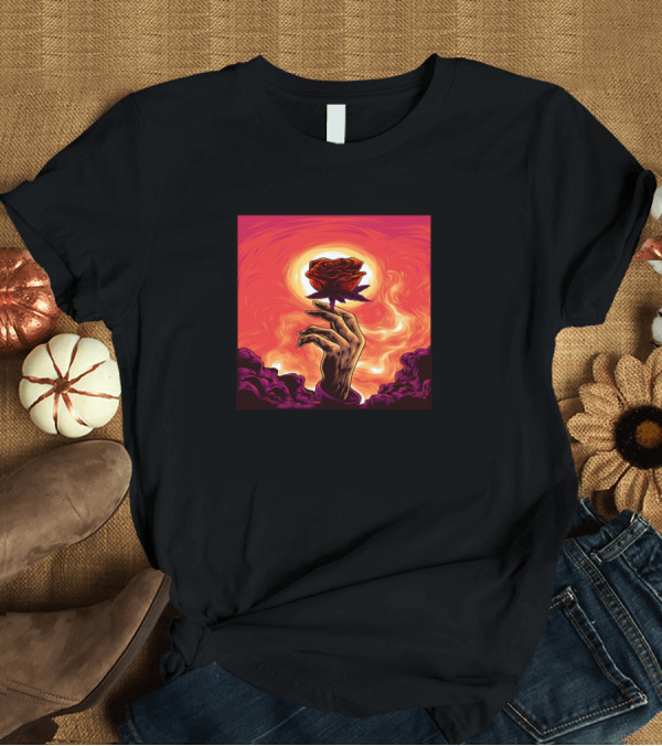 T-Shirt: The Last Hope Rose in Hand Against Fiery Sky T-Shirt The Last Hope Rose in Hand Against Fiery Sky T-Shirt