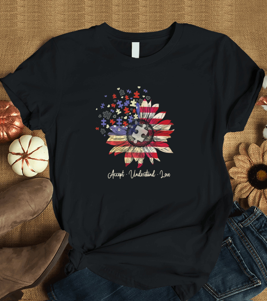 Accept Understand Love American Flag Autism Awareness Puzzle Flower T-Shirt