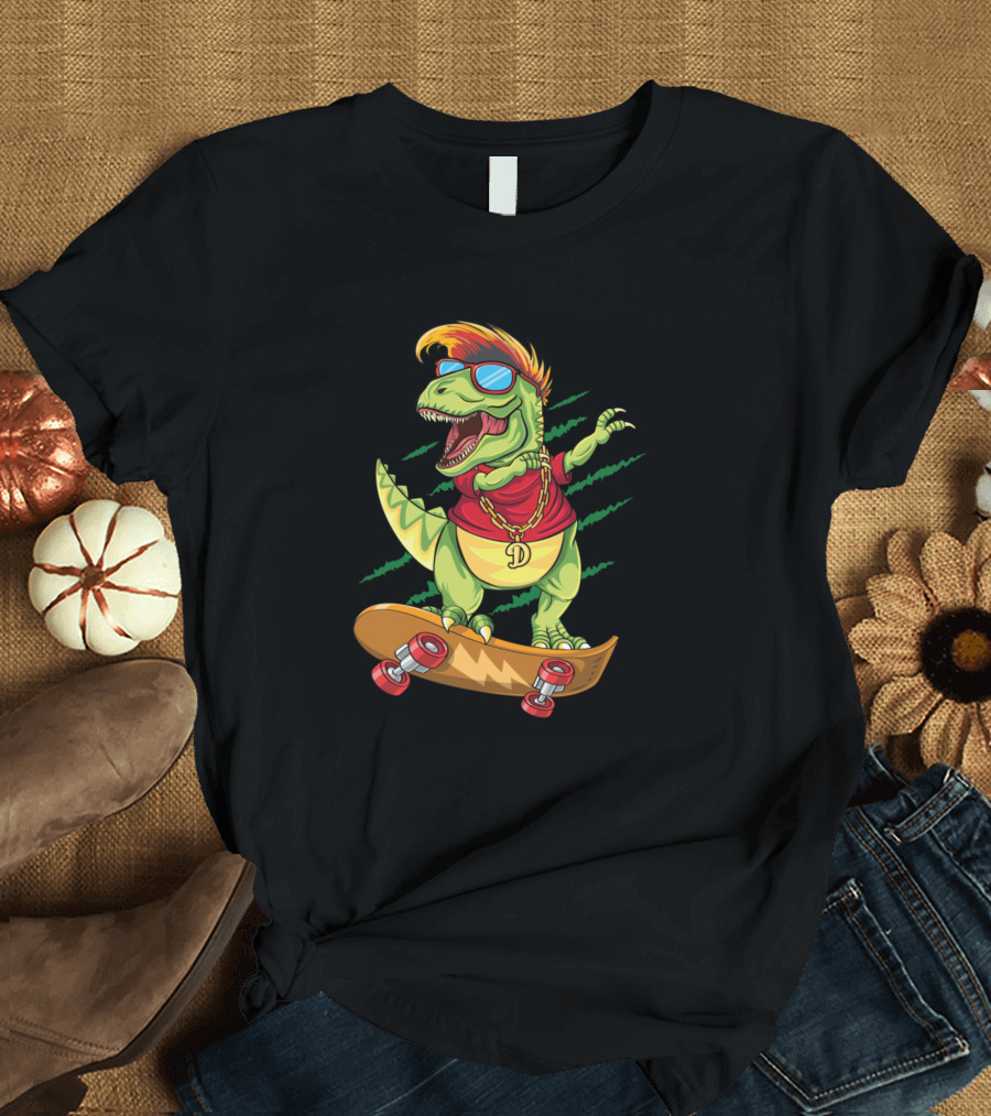 Dabbing Rex Cool Skateboarding Dinosaur Skater with Sunglasses and Chain T-Shirt