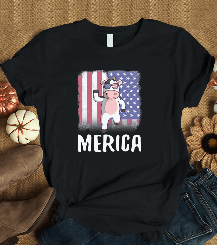 Merica Cow with Sunglasses American Flag 136 Farmi T-Shirt