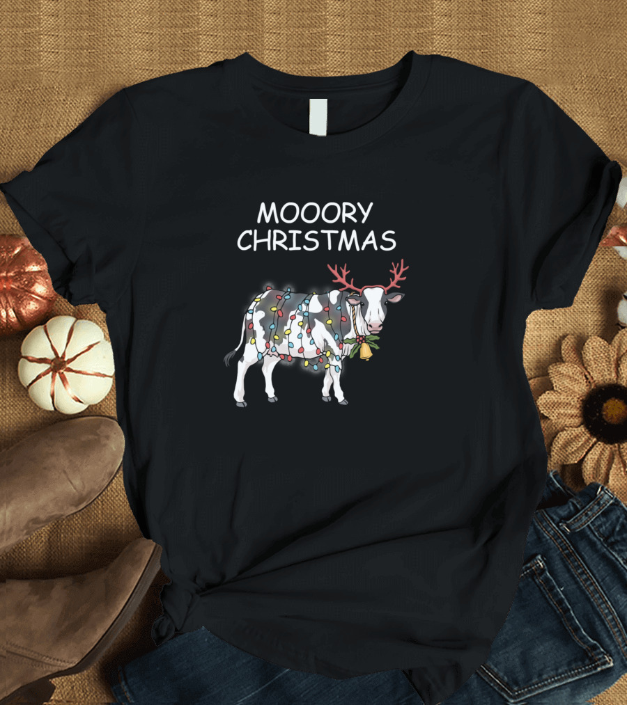 Mooory Christmas Cow Festive Lights Reindeer Cow T-Shirt