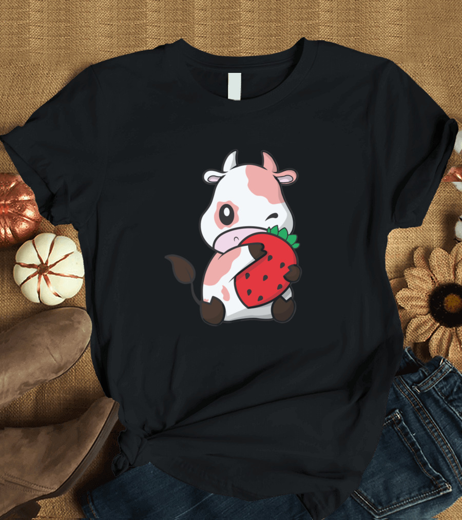 Cows Strawberry Cow Cute New 296 Farming Kawaii Winking Strawberry Cow T-Shirt