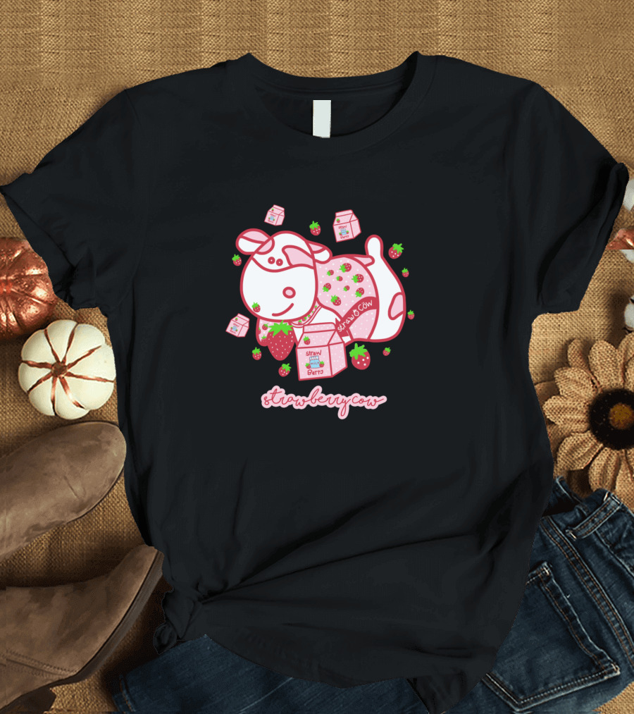 Strawberry Cow Cute Pillow Pet Sticker Milk Carton T-Shirt