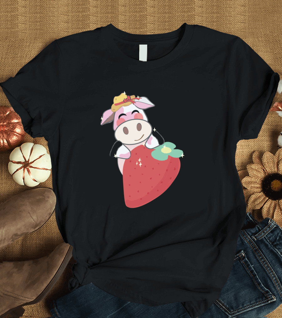 Strawberry Cow Wearing Pink Hat 457 Farming Cute Cartoon T-Shirt