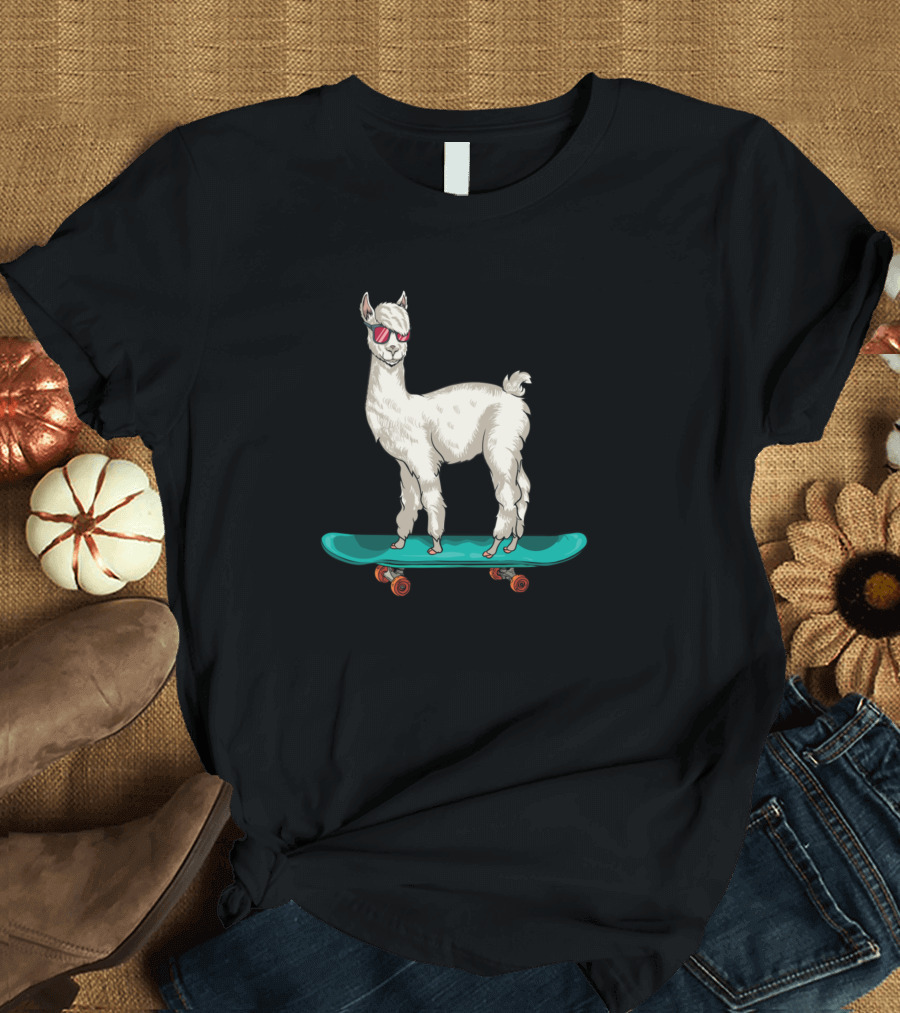 Cute Llama Skating Skater Skateboarding Alpaca Ska T-Shirt