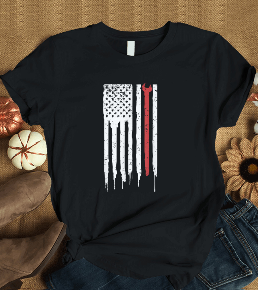 Distressed American Flag with Ironworker Wrench T-Shirt