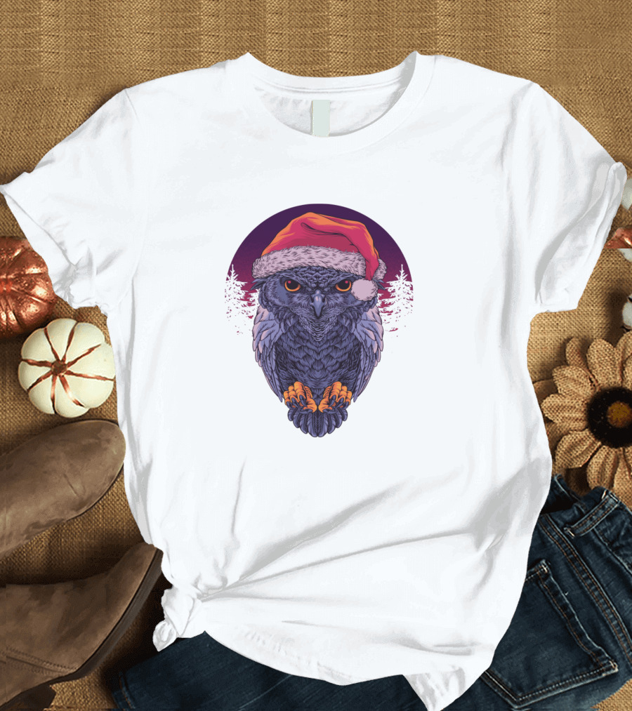 Owl With Santa Hat in Nighttime Forest Scene T-Shirt