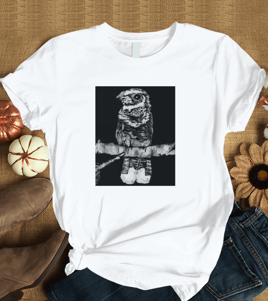 Whippoorwill Bird Perched on Branch in Monochrome Drawing T-Shirt