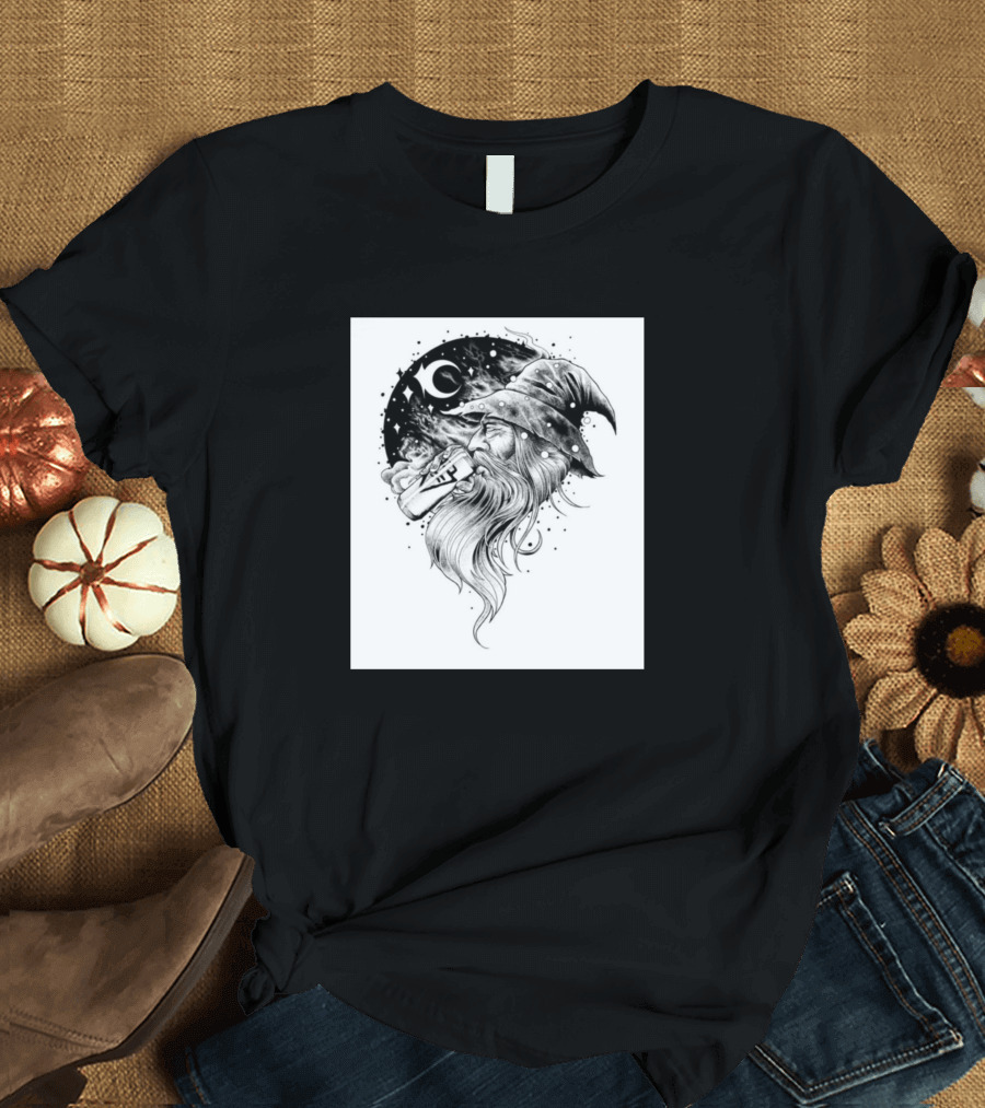 Old Man Wizard Drinking Beer Under Moon T-Shirt