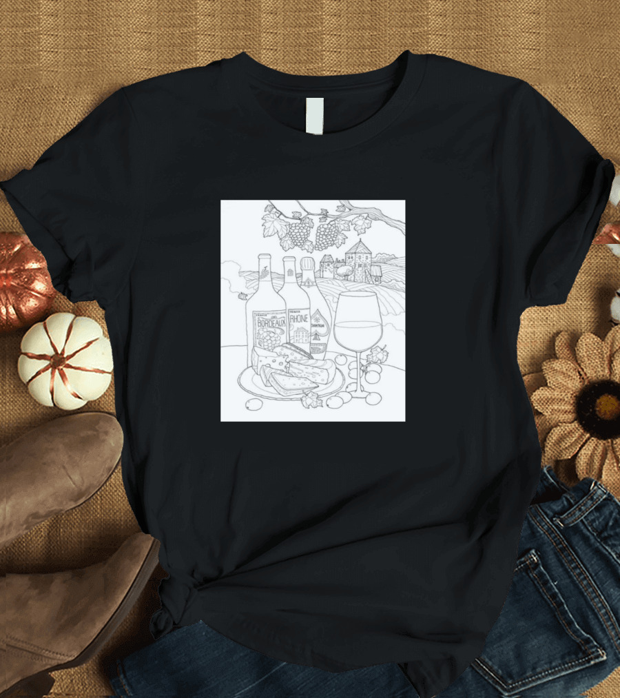 Bordeaux Rhone Wine and Cheese Vineyard Scene T-Shirt