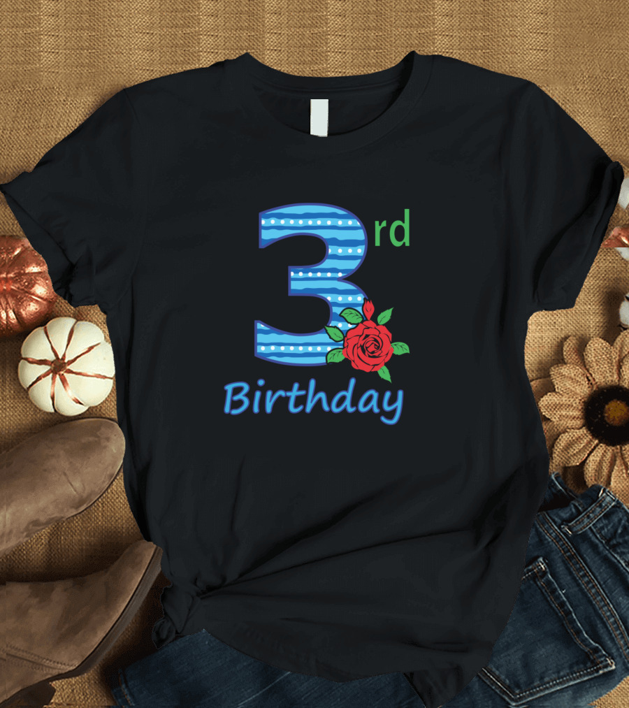 3rd Birthday Flower with Striped Blue Number and Red Rose T-Shirt