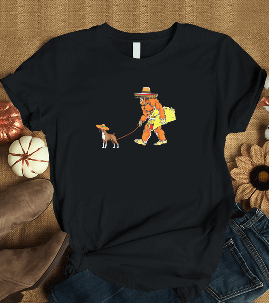 Cinco De Mayo Bigfoot Walking Dog with Taco and Sombrero T-Shirt