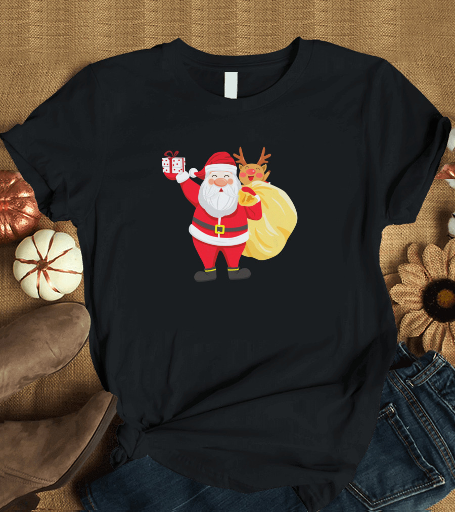 Creative Santa Claus With Gift and Reindeer Behind Sack T-Shirt